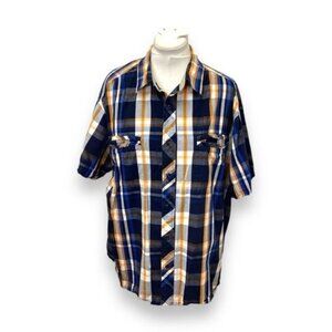 Phys.Sci. Mens XL Madras Plaid Short Sleeve Button-Up Shirt Navy/Orange Cotton